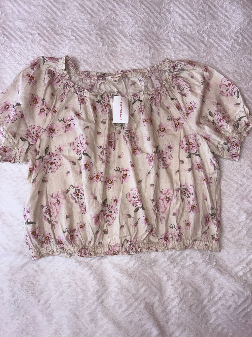Lucky Brand Cream Floral Off-Shoulder Blossom Crop Top - Picture 2 of 12